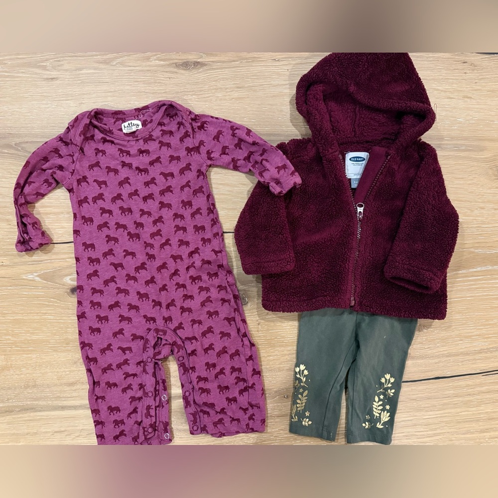 Hatley Horse Print Onesie and Burgundy Old navy Fleece Hoodie and pants.